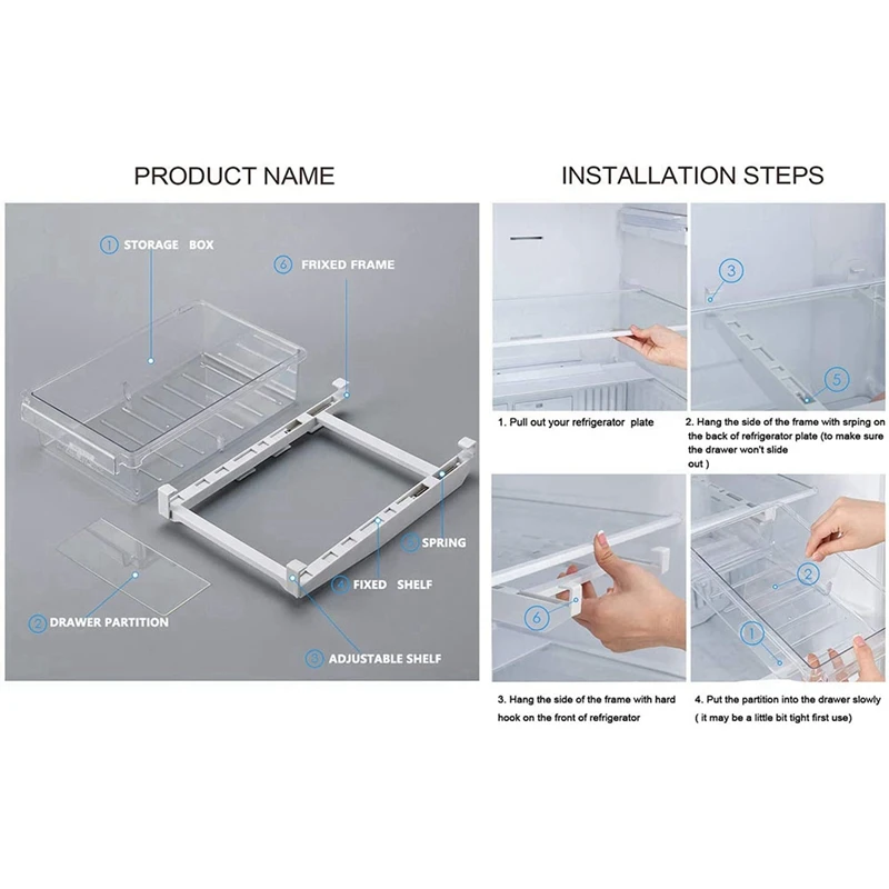 

Refrigerator Organizer Bins with Handle, Pull-Out Fridge Drawer Organizer, Freely Pullable Refrigerator Storage Box
