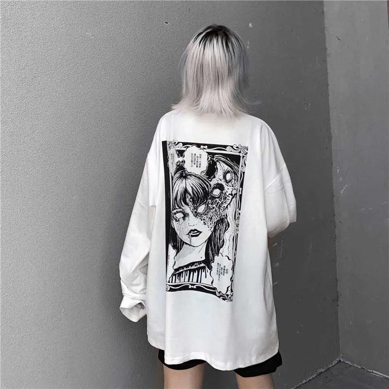 

Cartoon Horror Graphic Tshirt Harajuku Street Tees Shirt Women Character Print Loose Punk Japanese Gothic T Shirts Pullover Top