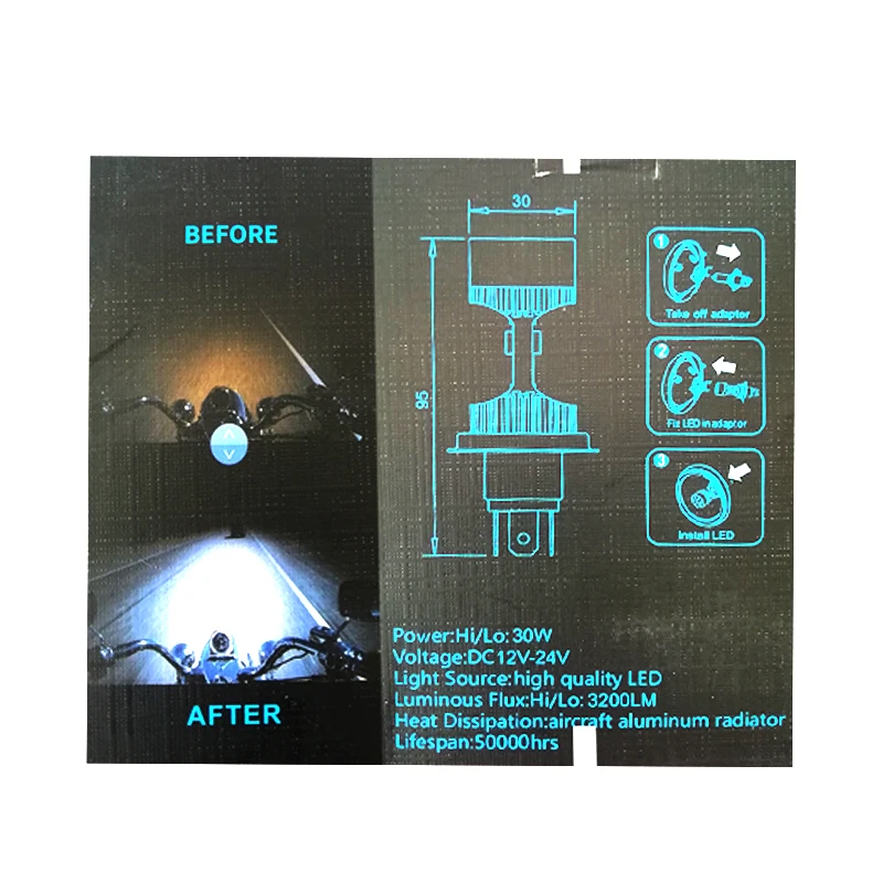 

Motorcycle 12V H4 LED Headlight Bulb White Hi/Lo Beam 30W 6000K