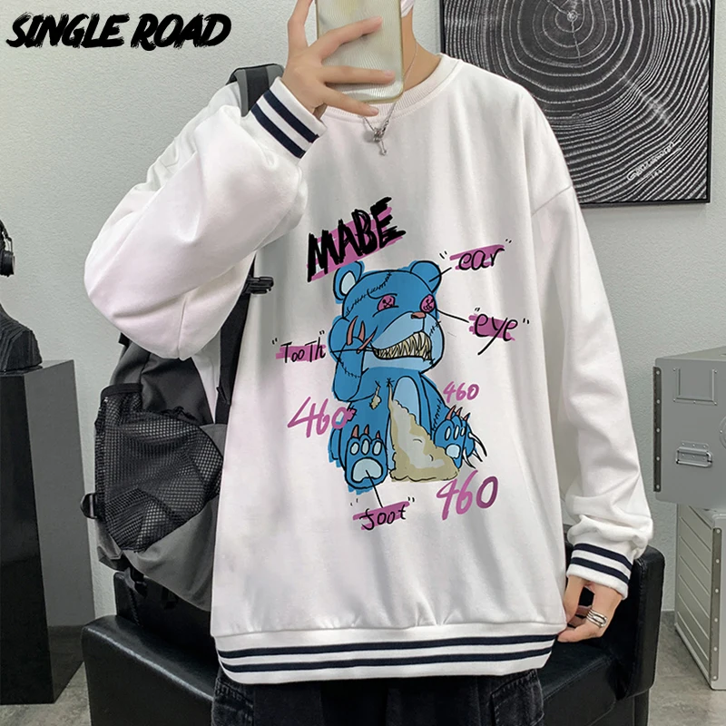 

Single Road Mens Crewneck Sweatshirt Men 2022 Bear Print Sweatshirts Oversized Japanese Streetwear Unisex Black Hoodie Men