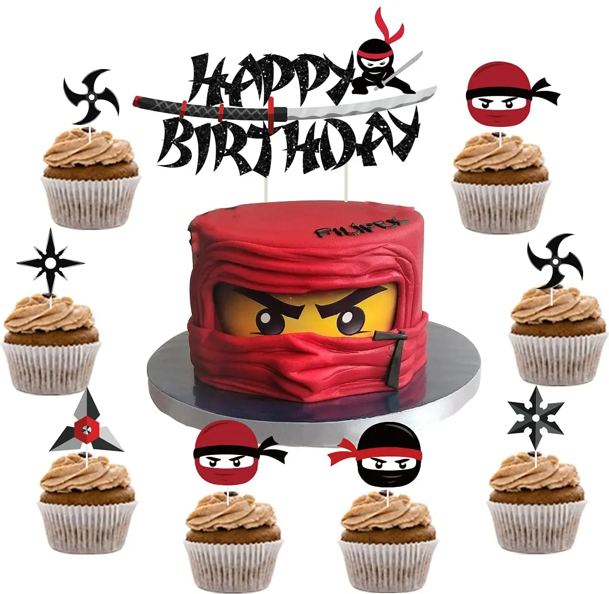 Juego de 25 piezas de adornos de pastel Ninja para ni&ntilde;os, conjunto de Topper para tarta de cumplea&ntilde;os que con adornos de magdalenas Ninja Warriors, para fiesta de cumplea&ntilde;os Ninja-0