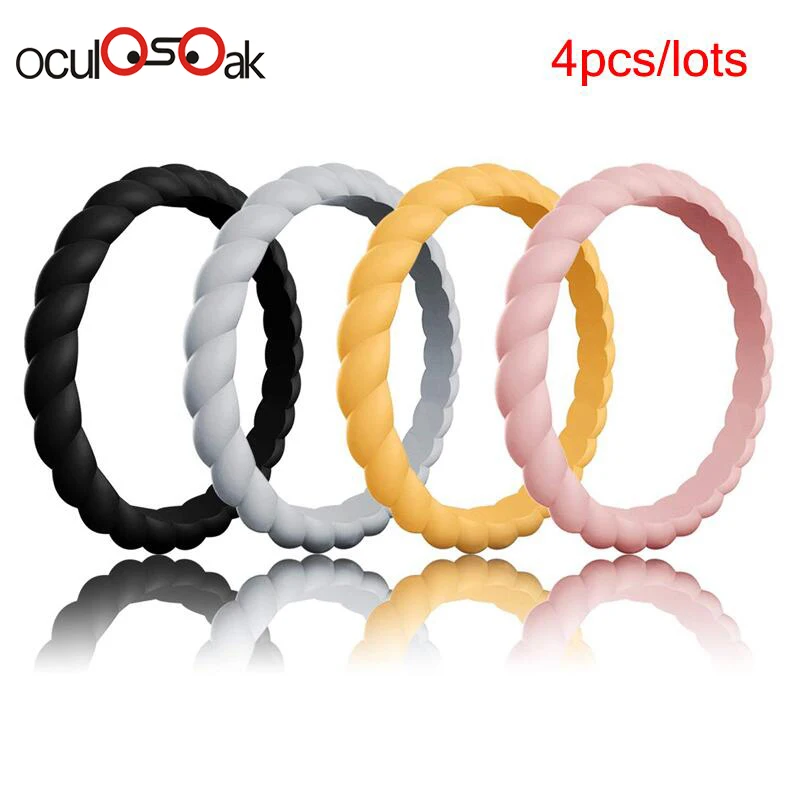 4pcs-2 Hot Fashion 3mm Thin Braided Silicone Ring For Women Wedding Rings Sports Hypoallergenic Crossfit Flexible Rubber Finger Ring - Цвет основного камня: 4pcs-2