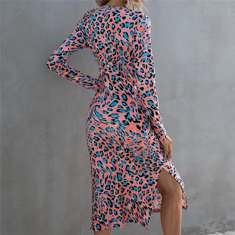 

Casual 2020 Leopard Women Slim Dress Autumn Elegant O-neck Long Sleeves Midi Dress for Ladies