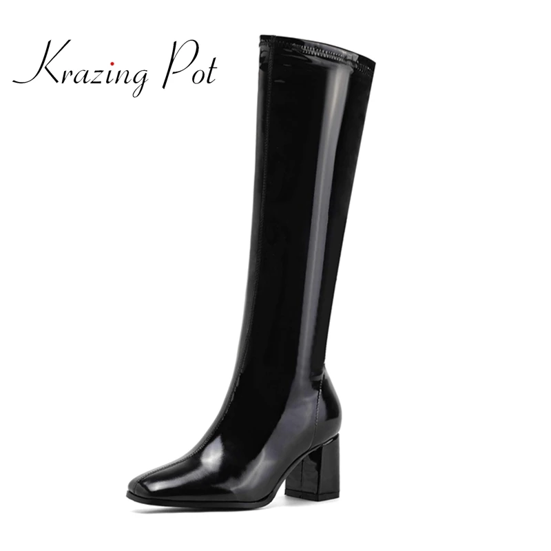 

krazing pot new big size patent leather square toe high heels stretch boots European style simple design thigh high boots L27