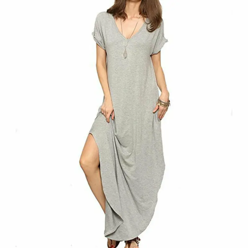

Trevor Newly Women V-Neck Slit Long Dress Casual Holiday Beach Solid Color Fashion UK