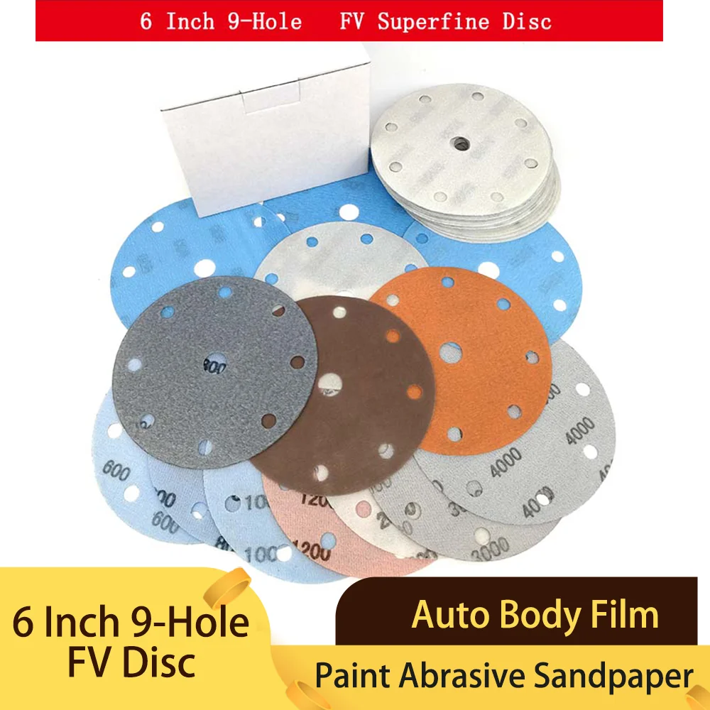 6 Inch 150mm 9-Hole FV Superfine Wet/Dry Hook & Loop Auto Body Film Sanding Discs Paint Abrasive Sandpaper, 600#-4000#
