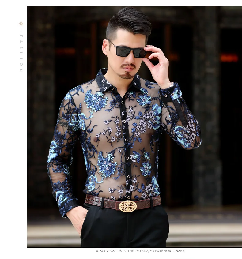 Chemise Hommesexy прозрачная Мужская рубашка из сетчатой ткани 4xl, роскошные Прозрачные рубашки для мужчин, вечерние рубашки с длинными рукавами и вышивкой