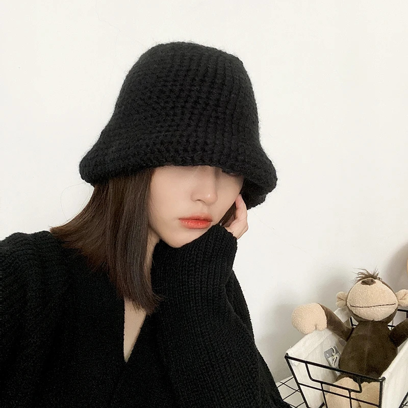 H3586 Women Knitted Fisherman Hat Female Autumn Winter Solid Color Korean Fashion Simple Warm Bucket Cap Japanese Basin Hats
