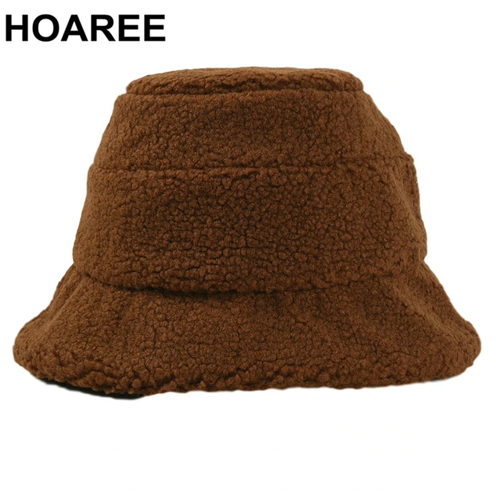 

HOAREE Bucket Hat Lamb Wool Womens Japanese Harajuku Women Hat Autumn Winter Warm Vintage Wide Brown Brim Fisherman Cap