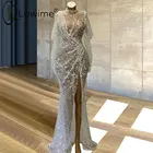 Арабский Стиль мусульманское платье с длинным рукавом Русалка Вечерние платья 2021 Сексуальная Иллюзия с высоким воротом щелевой вечерние платья платье партии Femme