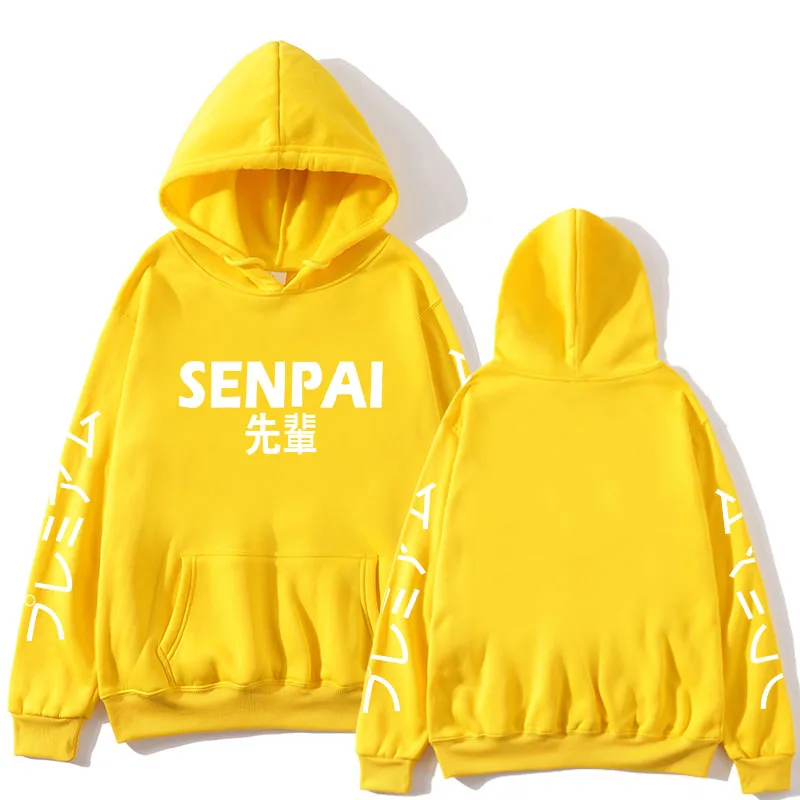 

Men Hoodies Spring Anime Senpai Design Letter Print Hooded Male Women Sweatshirts Streetwear Funny Black Pullover Tops Clothes