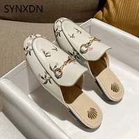 synxdn elegant women mules leather slippers spring flip flops flat heels buckle slip on closed toe female sandalias 2021
