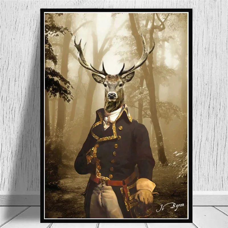 

Deer General In Foggy Forest Canvas Painting On Wall Art Poster And Prints Animal In Suit Funny Picture For Room Decoration
