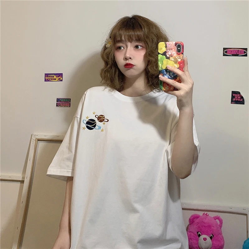 

XZ030 Ladies Summer 2021 New Loose Planet Embroidered Round Neck Short Sleeve Top T-shirt