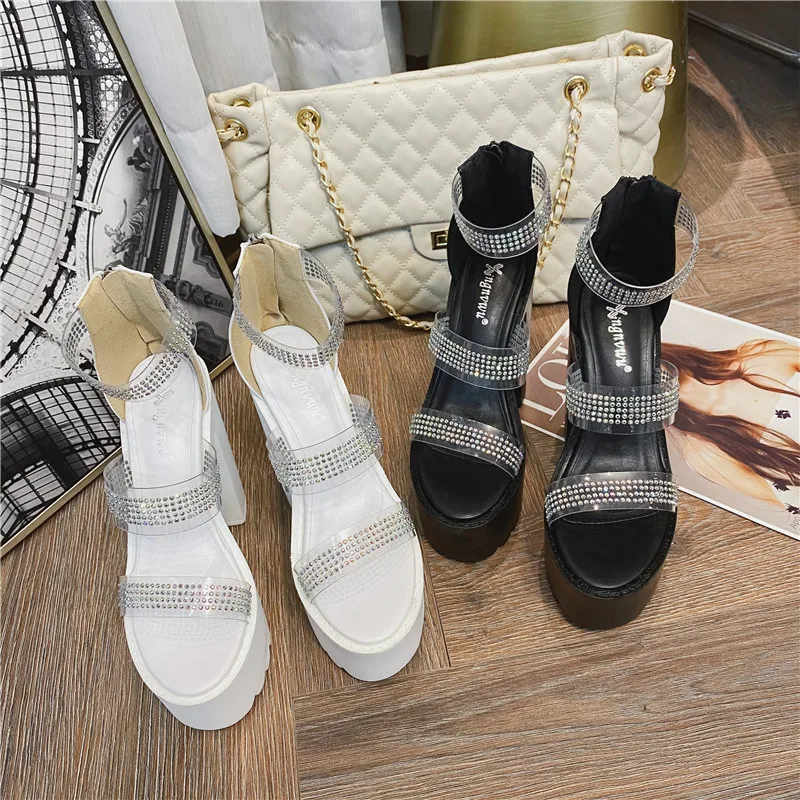 

Rhinestone Sandals High Heels Black Shoes for Women 2021 Summer High-heeled Clogs Beige Block Comfort Fashion New Girls Low Buck