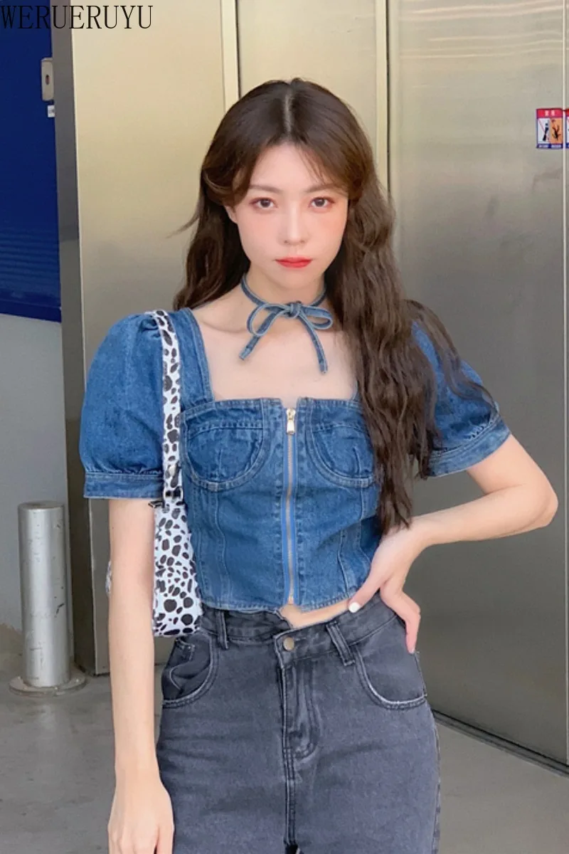 

WERUERUYU 2021 Summer Sexy Womens Denim blouse Shirt Tops Blouse Sweet Clothing for ladies