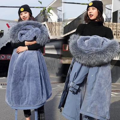 Blue Парка Для женщин зимняя куртка Для женщин Меховая подкладка пальто меховой воротник толстые теплые парки верхняя одежда белая куртка размера плюс 3XL Женское пальто - Цвет: Blue