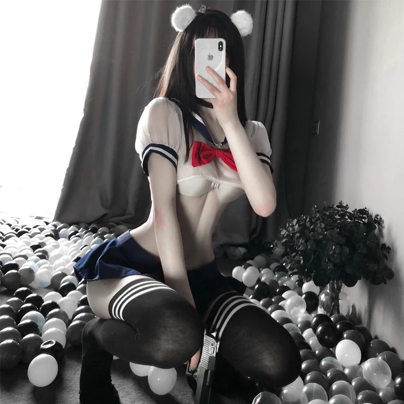 

Cute Girl Sexy Student Sailor Uniform Kwaii Transparent Lolita Bra Panty Sexi Costumes Women Erotic Underwear Sleepwear Set