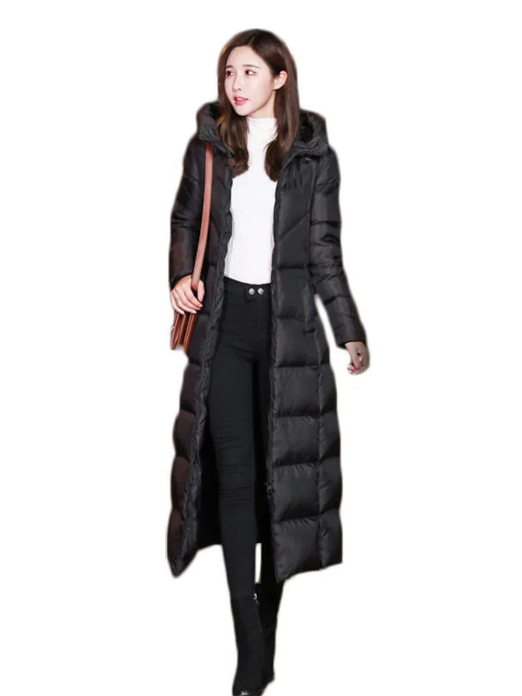 2021 Winter Long Over-the-knee Down Padded Jacket Quilted Red Black Korean Style Hooded Thick Slim Parkas Office Lady Warm Coat