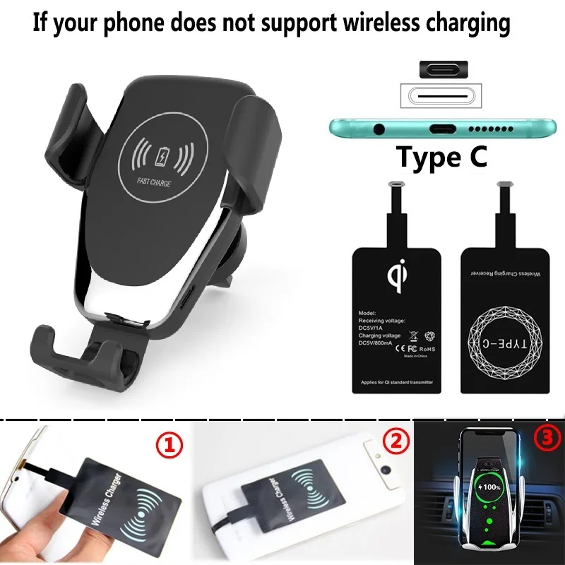 Black For Type C Быстрое Qi автомобильное беспроводное зарядное устройство для iPhone XS Max XR X Samsung S10 S9 интеллектуальная беспроводная зарядка телефона Автомобильный держатель для Xiaomi - Цвет: Black For Type C