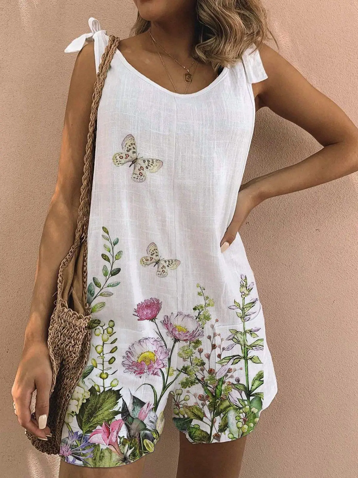 

Women Casual Fashion Mini Jumpsuit Sling Bow Sleeveless O Neck Print Floral Loose Fashion Sweet Beach Seaside Vecation 2021 Cool