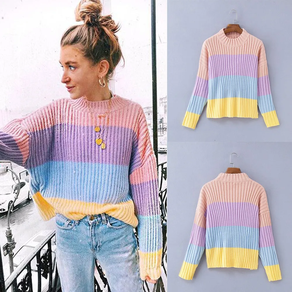Женский модный Повседневный разноцветный полосатый вязаный свитер с длинным
