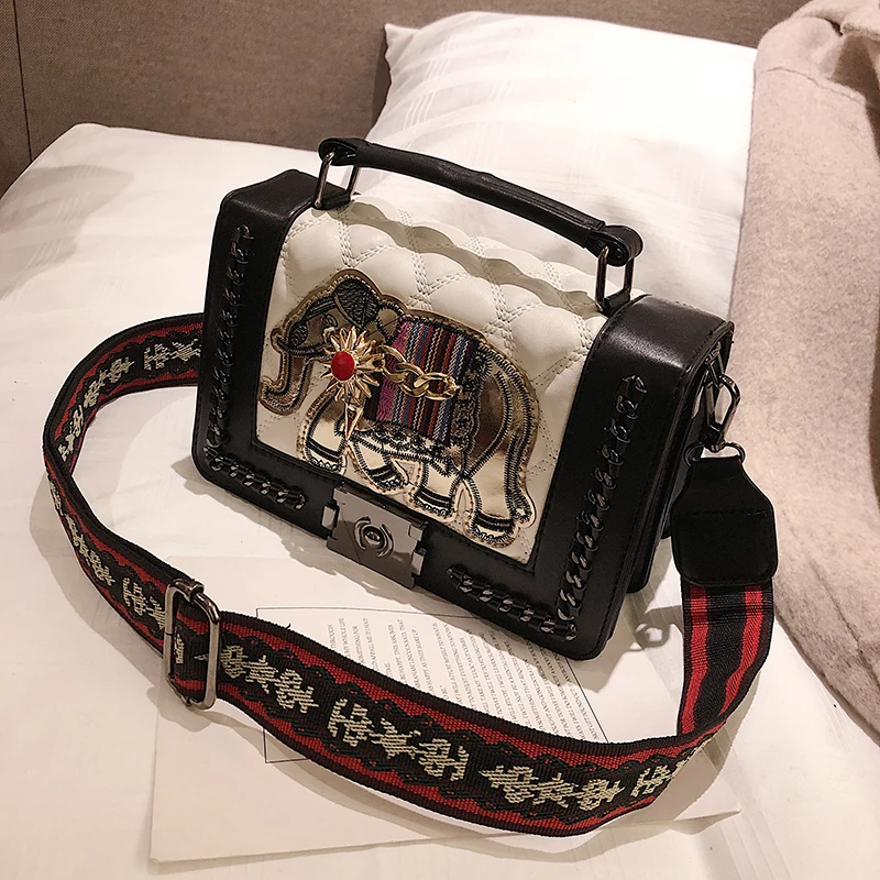 

Wide Strap Vintage Embroidery Elephant Bag Bags PU Leather Hand Diamond Women Shoulder Crossbody Bag Bohemian Women's Handbags