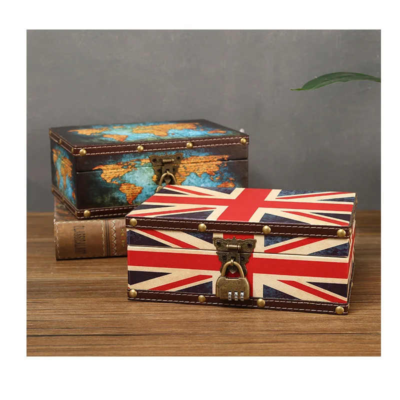 American style Home storage box with lock Retro Leather box holder desktop coffee shop decorate