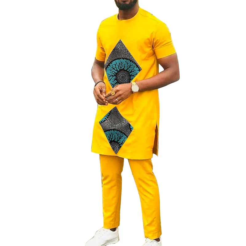 

Yellow Patchwork Design Short Sleeve Tops+Pant African Festival Combed Cotton Men Suits Wedding Party Outfits Customized