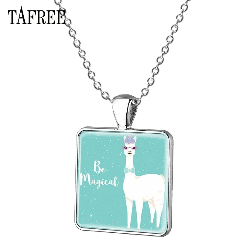 TAFREE Creative Cartoon Alpaca Picture Square Necklace Glass Cabochon Little Sheep Pendant Jewelry Women YT01 | Украшения и