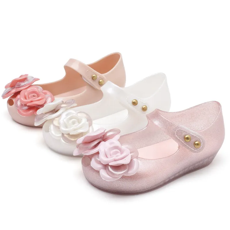 

2021 Autumn New Style Melissa Camellia Girls Fish Mouth PVC Flat Heel Shoes with Summer Beach Shoes Kids Sandals SH19087