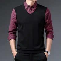 mens woolen sweater fake two autumn long sleeved shirt collar bottoming shirt youth korean striped mens trend mens shirts