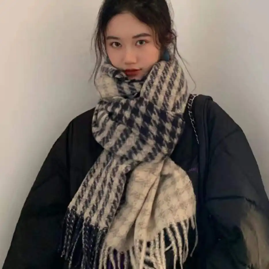 

Plaid Scarf Stitching Contrast Color Design Tassels Soft Keep Warm in Autumn and Winter Fashion Ins Japanese and Korean Style