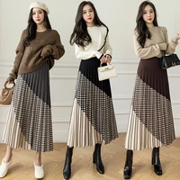 autumn and winter women pleated knitted skirt medium long bottomed casual plaid skirt loose women clothes