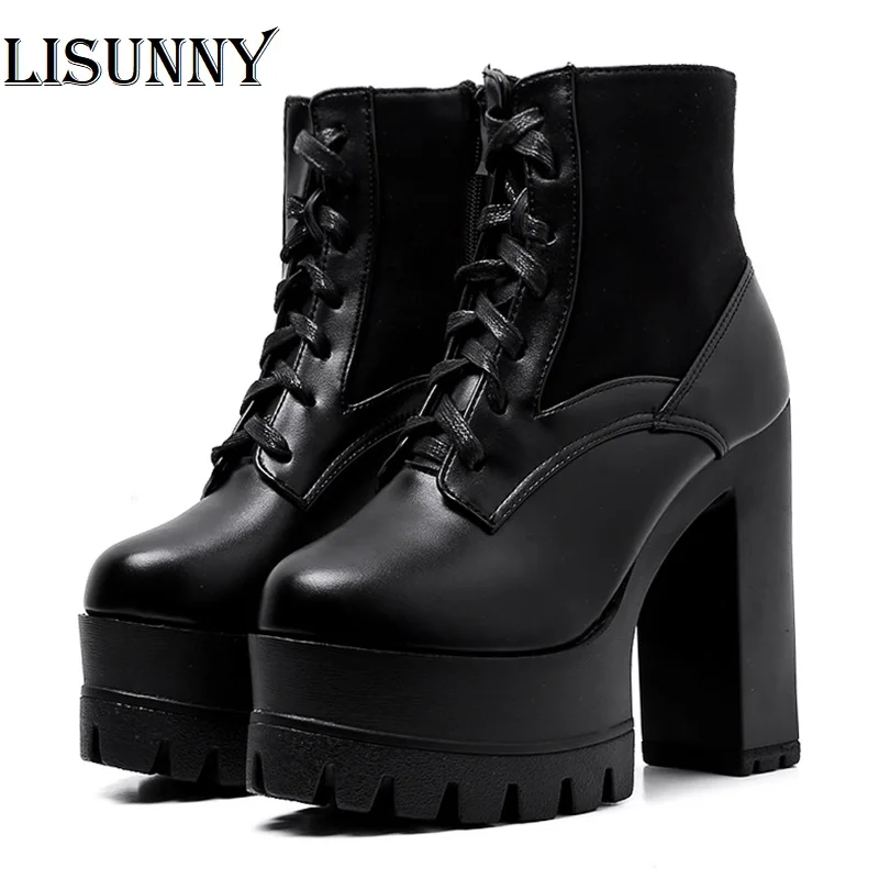 Женские кожаные ботинки на молнии черные осенние платформе и каблуке со