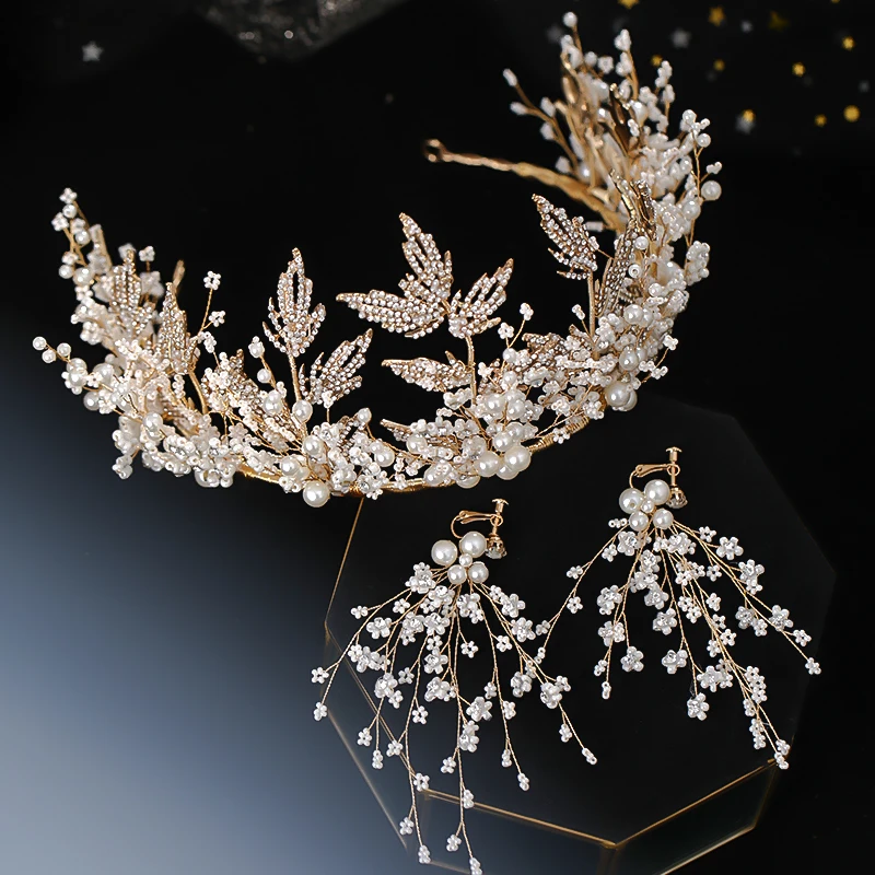 Golden Tiaras and Crowns Wedding Hair Accessorie s For Women Birde Wedding Accessories Pearl Rhinestone Luxurious Head jewelry images - 6