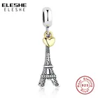 Чистый бусины из стерлингового серебра 925 Париж Эйфелева башня и Золотая подвеска в виде сердца шарма Серебро 925 браслет, сделай сам, ювелирное изделие
