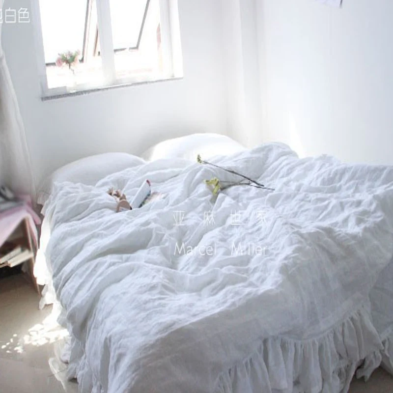 Льняная плоская простыня с двойными рюшами предварительно вымытая супер мягкая