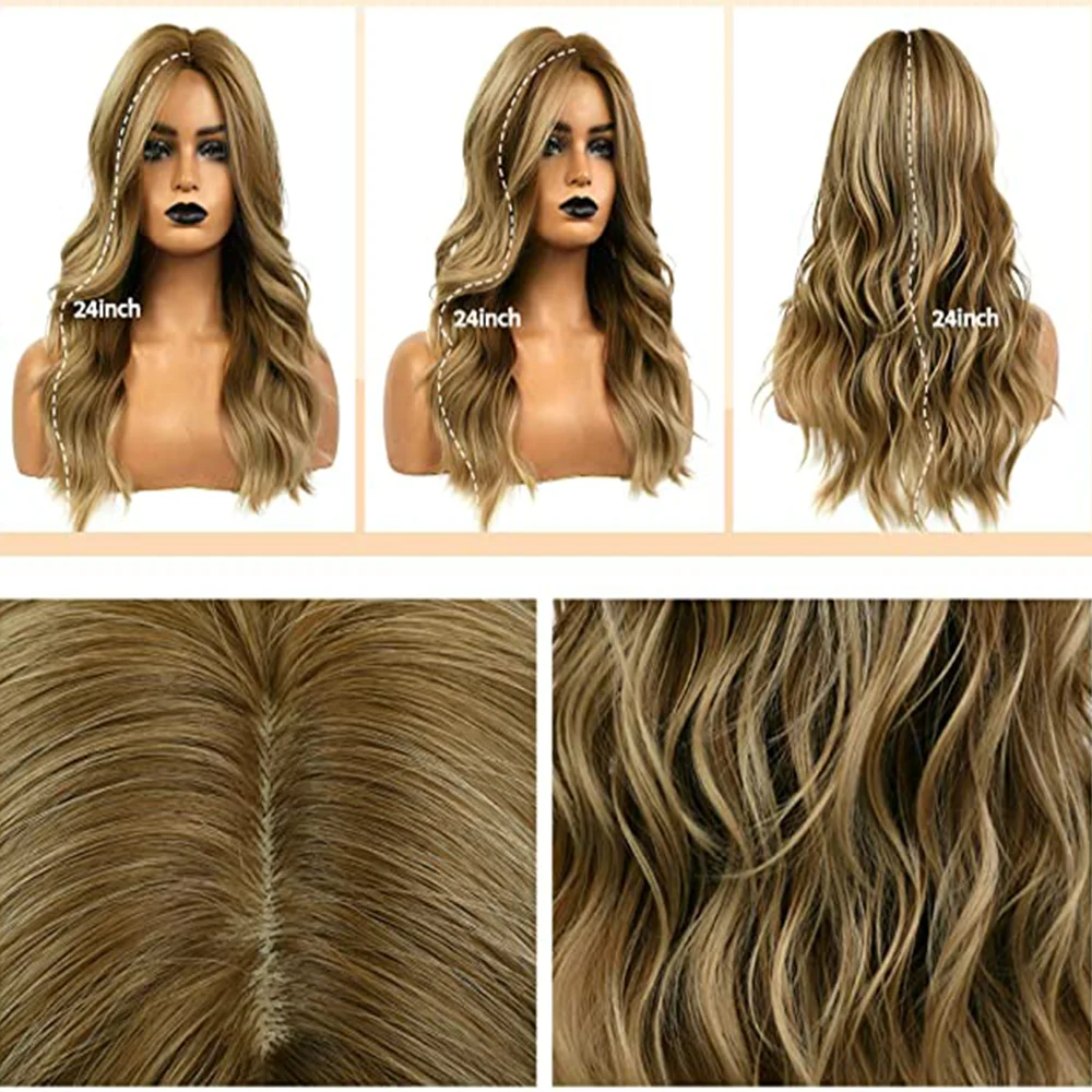 

FGY Long Water Wave Golden Brown Pink Gradient Color Female Wig Cosplay Party Wig Anime High Temperature Fiber Girl Blonde