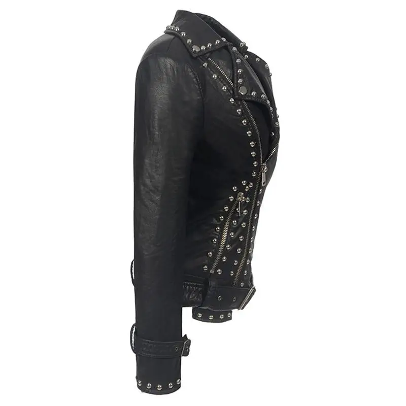 Explosion style hot sale ladies black lapel zipper leather jacket punk rivet pu plus size jacket