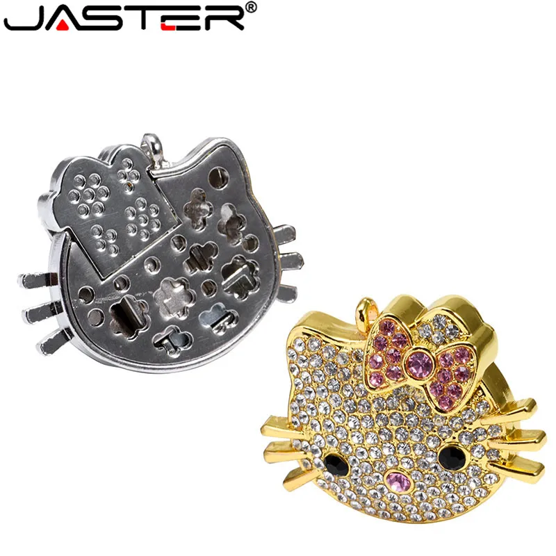 JASTER Fashion hot selling Crystal KT cat head + chain creative USB 2.0 4GB 8GB 16GB 32GB 64GB External Storage USB flash drive images - 6