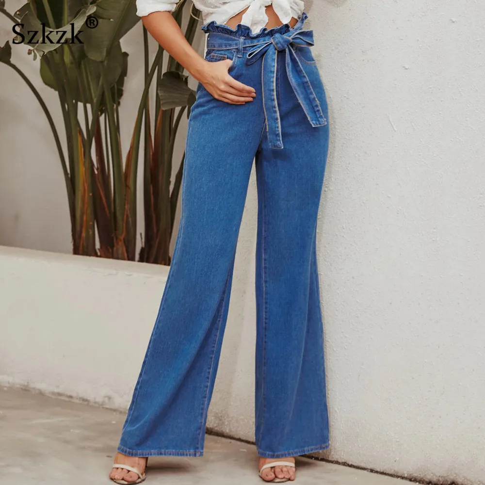 

Szkzk Blue High Waist Wide Leg Jeans Woman With Belts Pockets Streetwear Wash Distressed Ladies Jeans Trousers Sexy Denim Pants