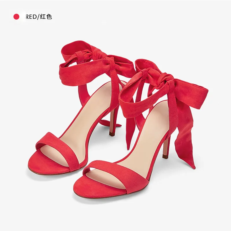 

8,5 см женские босоножки 2020 летняя модная обувь на высоком каблуке; Туфли из флока с открытым носком и бантом на повязки свадебные туфли вечер...