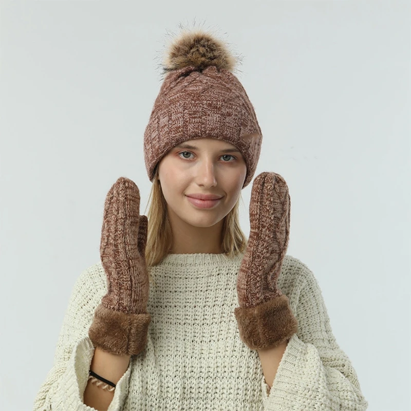 

2Pcs Women Winter Cable Knit Beanie Hat with Full Finger Gloves Mittens Set Thicken Thermal Plush Lined Pompom Skull Cap