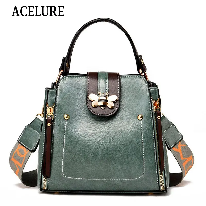 

ACELURE Ladies Color Handbag Hasp & Zipper Small Bucket Bag Shopping Purse Women Solid Soft PU Leather Shoulder Crossbody Bags