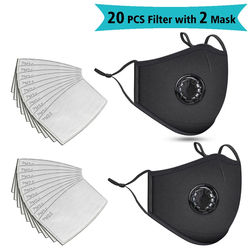 

20 PCS Filter Fashion Washable Reusable Mask Anti Pollution PM2.5 Mouth Respirator Dust Masks Cotton Unisex Mouth Muffle Black