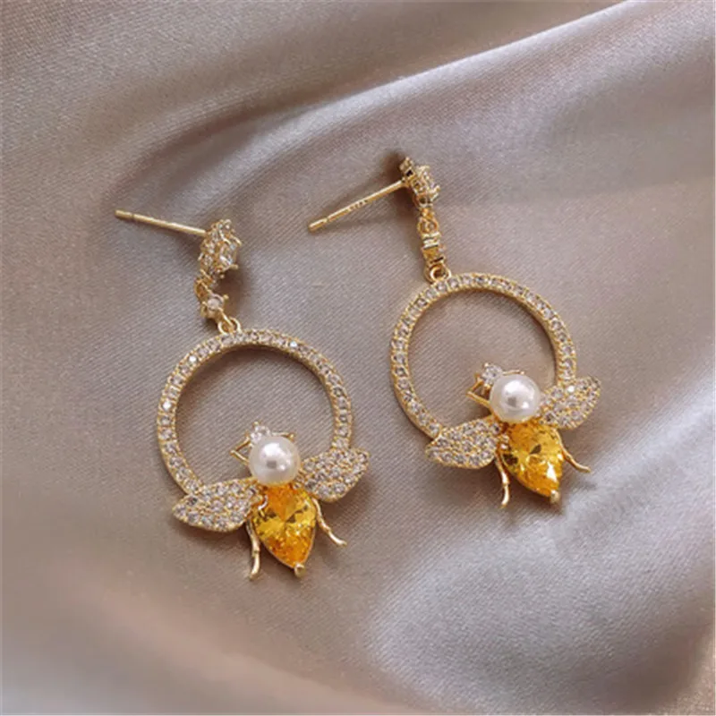 

European Full Rhinestone Bee Pearl Drop Earrings For Women Party Prom Fashion Needle Earrings Jewelry Accessory
