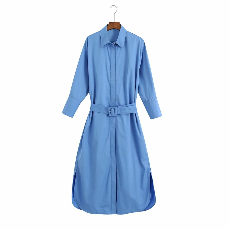 Женское однотонное платье рубашка с длинным рукавом и поясом|Женские платья| |