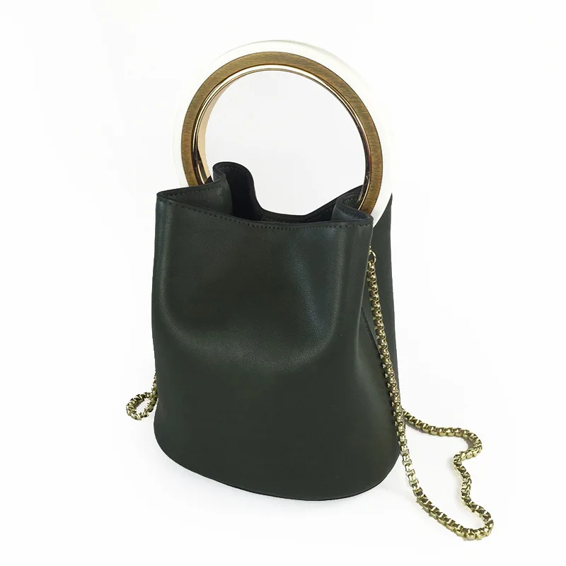 

Ladies Split Leather Handbag Vintage Chains Crossbody Handbag Women Chic Ring Bucket Bag High Capacity Small Tote Bag