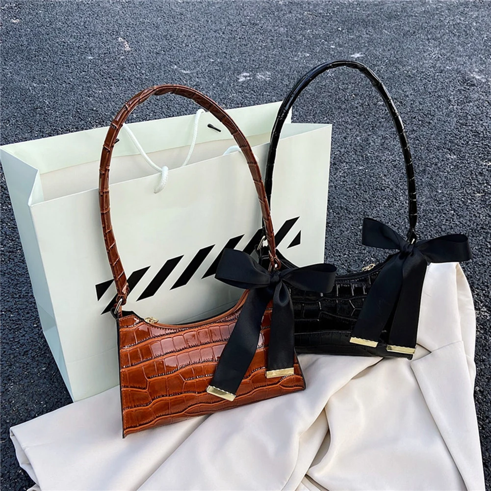 

Vintage Women Stone Pattern Underarm Pouch Female Solid Color PU Bowknot Shoulder Underarm Bags for Shopping Travel